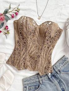 Corset ajustado de dos capas con diseño vanguardista y sexy, propio de vacaciones, para jóvenes de estilo europeo y americano, en color caqui con bordado calado - Multicolor 3 - Ver 11