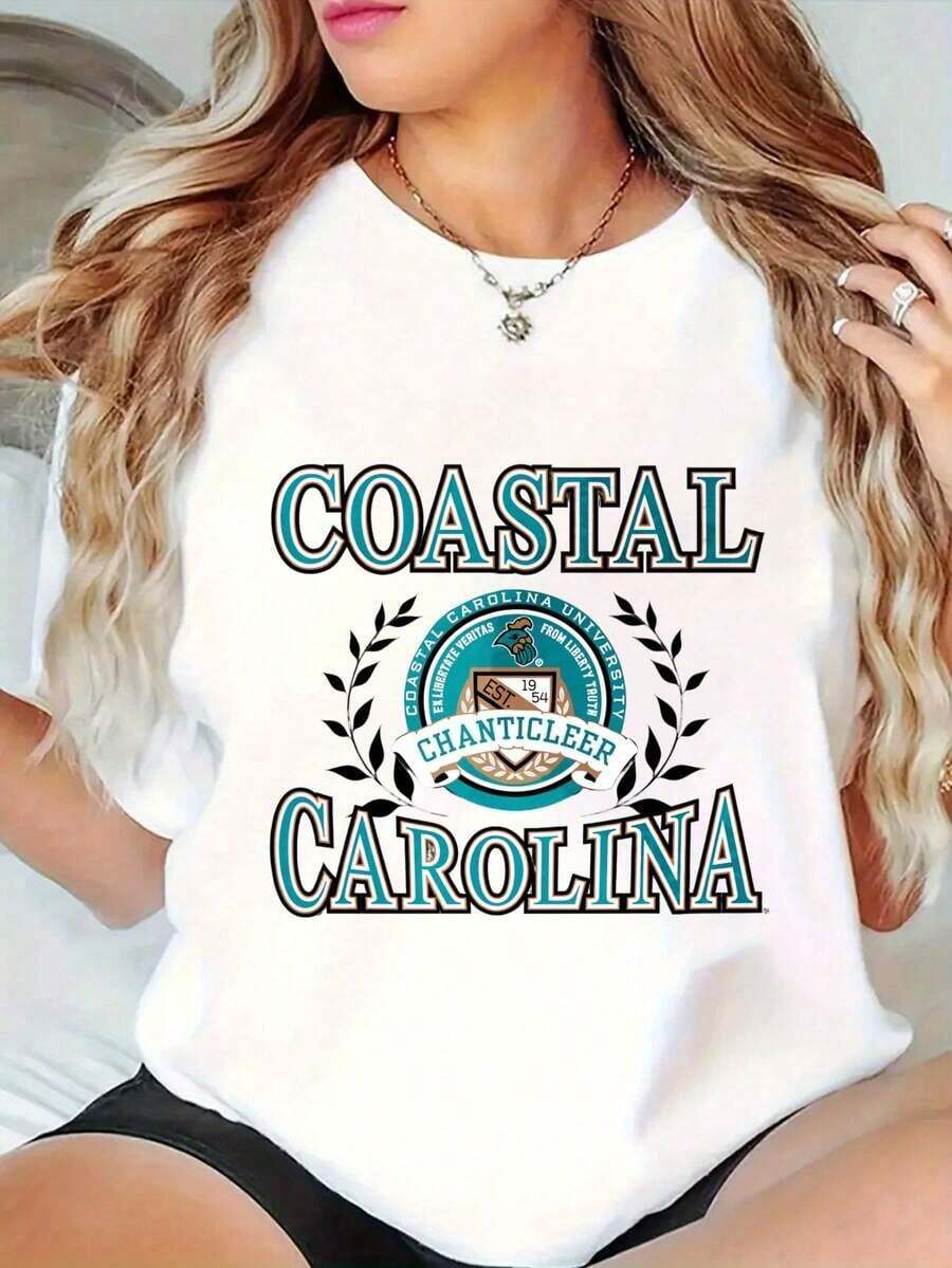 Women's Short-Sleeved Cotton T-Shirt, Available In Black And White, Breathable, Loose Fit, Round Neck, Coastal Carolina Chanticleer Logo Print, Oversized Graphic Tees, Exquisite Design, Casual And Fashionable Style, Summer T-Shirts, Suitable For Casual Daily Wear, Home Workouts, Outdoor Activities, Beach Vacations, Ideal For Gifting Women's Clothing, 100% High-Quality Cotton. - 白色 - 查看 1
