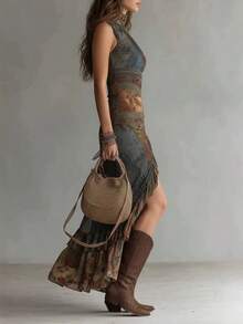 New 2026 Retro Style Dress With Mixed Print, Long Holiday Dress With Irregular Ruffle Hem European Style - أبيض عاجي - مشاهدة 2