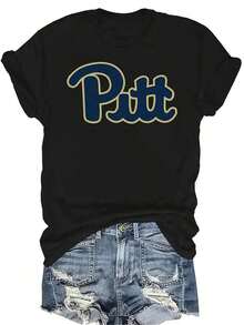 Camisetas de manga corta para mujer, cuello redondo, diseño con el logo de Pitt, camiseta estampada de manga corta para mujer. |     Moda casual, sensación de elegancia, tela suave y cómoda, esencial para primavera/verano, material transpirable, estampado encantador. - Negro - Ver 1