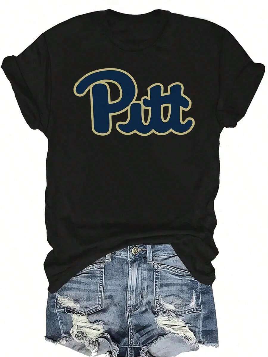 Camisetas de manga corta para mujer, cuello redondo, diseño con el logo de Pitt, camiseta estampada de manga corta para mujer. | Moda casual, sensación de elegancia, tela suave y cómoda, esencial para primavera/verano, material transpirable, estampado encantador. - Negro - Ver 1