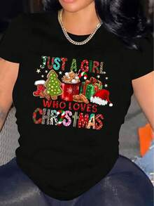 1 Women's Casual Christmas Short Sleeve T-Shirt, 100% Thick Cotton - Comfortable Round Neck, Soft And Cute Top, 180g 100% Cotton. - 黑色 - 查看 1