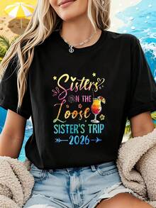 Nueva Camiseta de Verano de Algodón Puro con Cuello Redondo y Manga Corta, Ropa para el Día de la Madre, Tallas S-3XL, 2026, Felices Salidas para Hermanas, Estampado de Texto Degradado, Camiseta de Manga Corta con Cuello Redondo para Mujer, Primavera Verano CVUL - Negro - Ver 7