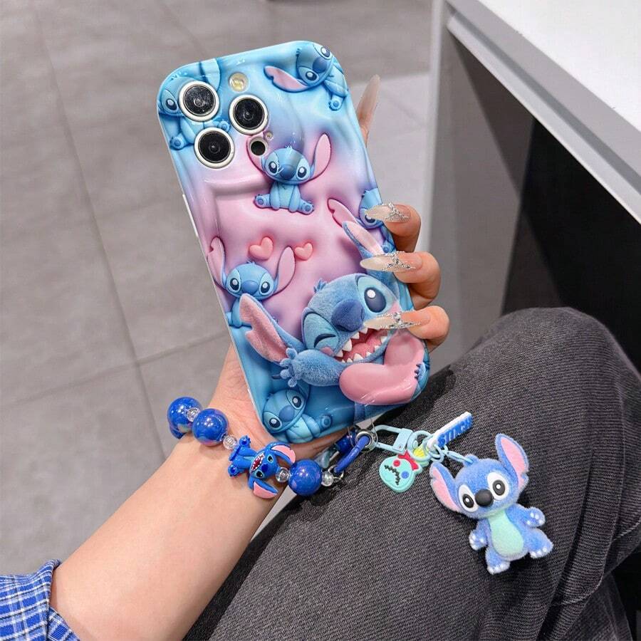 Disney Lilo & Stitch Phone Case With Stitch Charm And Stitch Lanyard - Cute Stitch Protective Case With Heart Hug And All-Over Print Background Design, Equipped With Delicate Stitch Decorative Lanyard And Beaded Bracelet For Easy Carrying, Compatible With IPhone 17, 16, 15, 14, 13, 12, 11 Pro Series, Ideal For Birthdays, Holidays, Anniversaries, Graduation Gifts, Or Any Special Occasion To Surprise Family, Friends, Classmates, And Loved Ones. - trắng - Xem 1