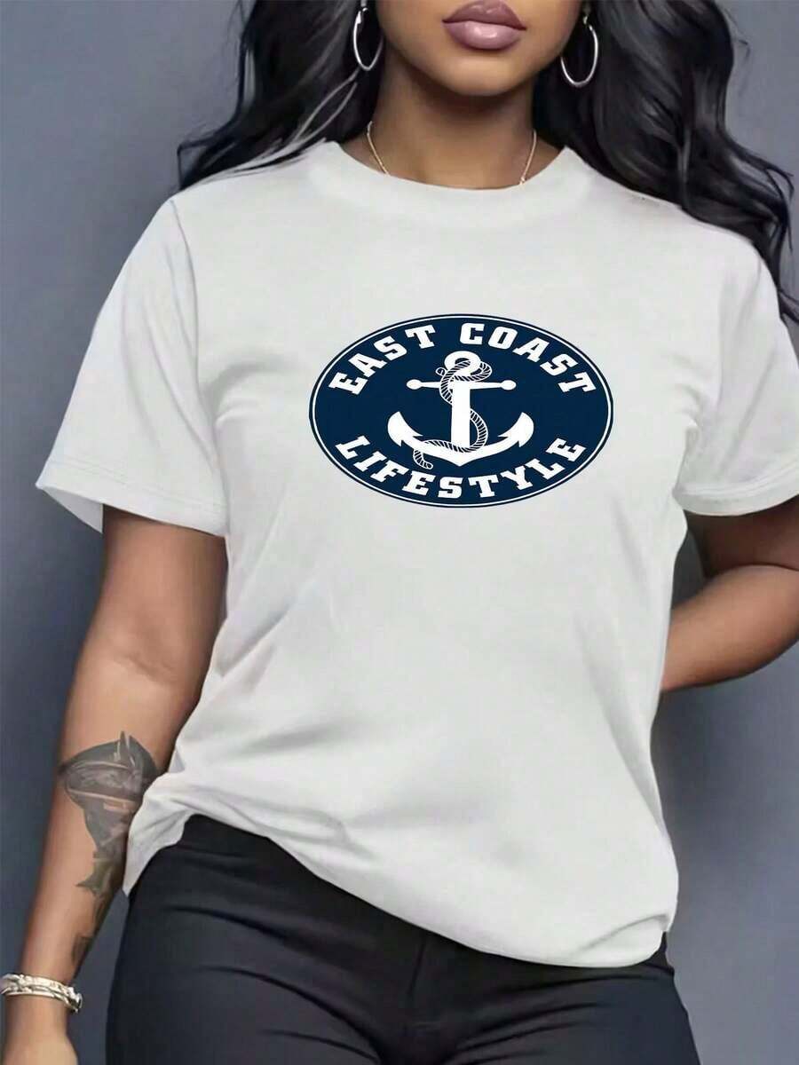 Plus Size Women's Custom Spring/Summer Clothing, East Coast Anchor Print T-Shirt, Round Neck, Short Sleeve, Casual Top, Stylish Party Outfit, Loose Fit, Holiday Gift, Fun Design, Everyday Wear, Loungewear. Pretty Blouses, 100% Cotton - 白色的 - 查看 1