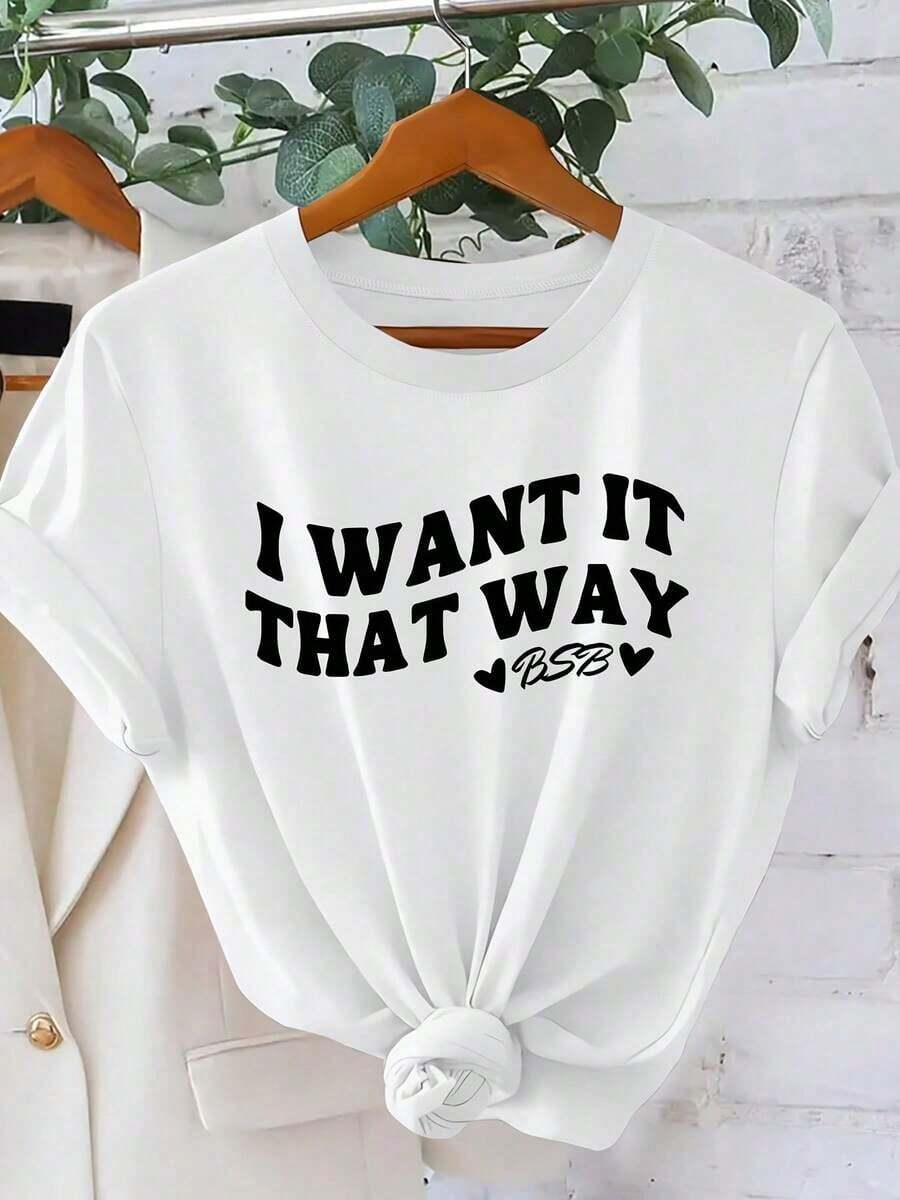 Women's Cotton T-Shirt With Simple And Versatile Design, Vintage Style, "I WANT IT THAT WAY" Print, BSB, Round Neck, Short Sleeve, Spring Summer, Elegant Top For Parties And Everyday Wear, Vintage Clothing For Women, Special Offer 100% Cotton Blouses - 白色的 - 查看 1