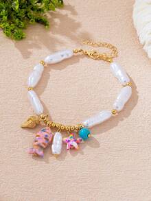 1pc Ocean Vacation Style Pearl Beaded Necklace With Fish, Starfish, Shell Pendants, Suitable For Teenage Girls Daily And Summer Holiday Wear, Anklet - White - View 2
