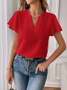 Camisa de mujer de unicolor con escote en V entallado y manga corta, informal y adecuada para el trabajo, blusas de manga corta - Rojo - Ver 4