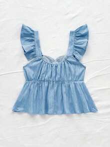 Camisa de mujer de manga corta para vacaciones de primavera/verano, de tela texturizada, adecuada para festival de música, estilo bohemio, citas de vacaciones, tarde de té - Celeste - Ver 2