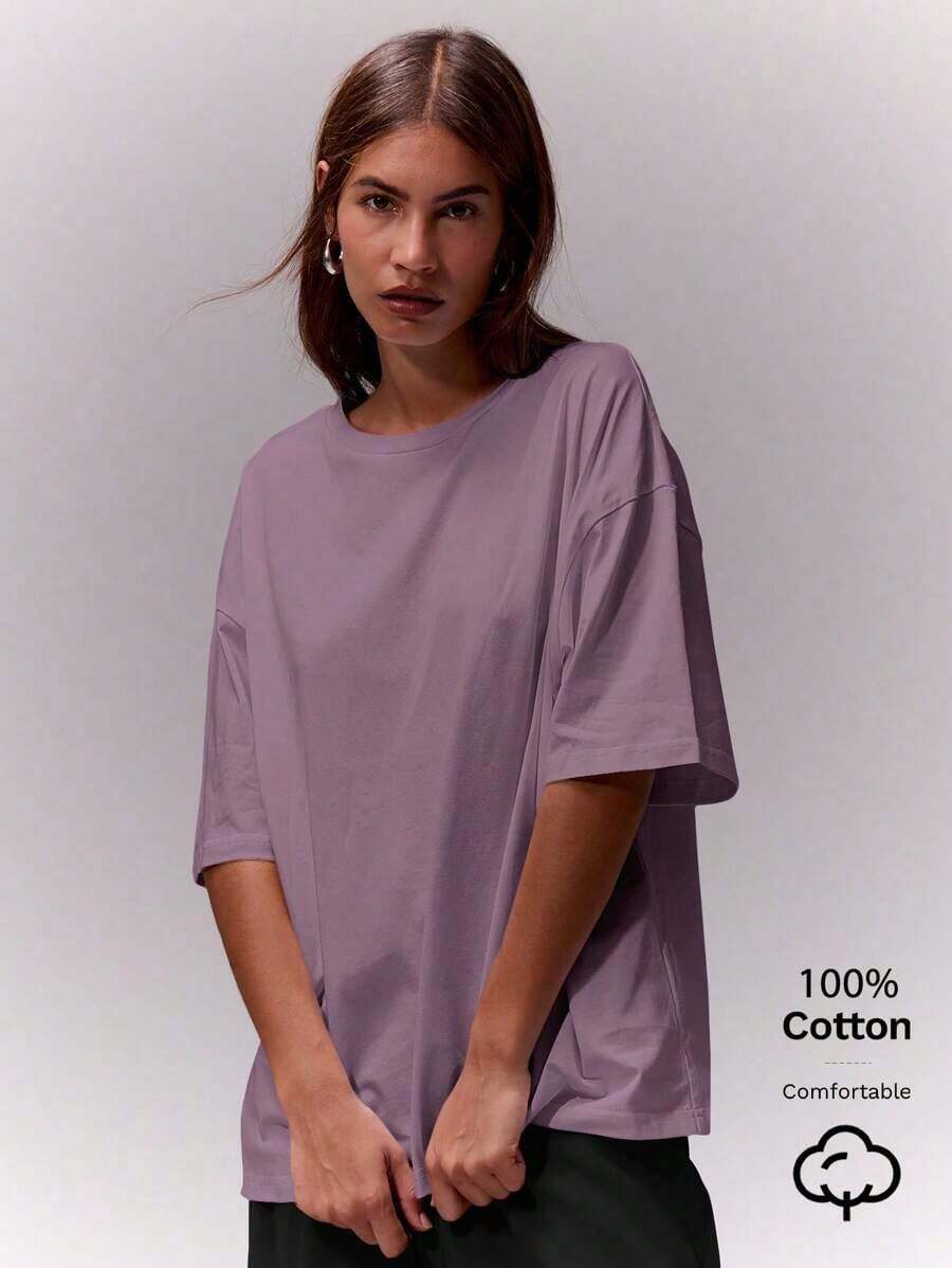 Camiseta de cuello redondo suave y oversize, parte de un armario cápsula casual, camiseta oversize para uso diario, aeropuerto, vuelta al colegio, elegante para primavera y verano, vacaciones - Púrpura malva - Ver 1