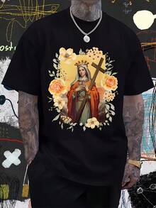 Unisex 100% Cotton T-Shirt, Men's And Women's - Saint Helena, Cross, Holy, Sanctuary, Iconography, Unisex, Soft, All-Season Casual, Streetwear, Essential, All-Match, All-Season Style, Affordable, Daily Wear And Perfect Gift For Fans And Friends, Summer T-Shirt, Summer Clothes For Women, Men's Summer Outfit, Women's Shirt, Creative Design, Outdoor Play, Cool Style, Fun Design, Great For Outdoor Play - Black - View 1