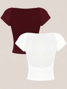 2 piezas Camiseta ajustada de mujer con cuello redondo, mangas cortas y espalda descubierta, estilo sexy y casual, adecuada para el verano - Multicolor 11 - Ver 9