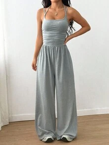 Tuta intera arricciata con scollo all'americana e gamba larga, tuta nera casual senza maniche per donna, abbigliamento estivo basic da strada. - Grigio Chiaro - Visualizzare 3