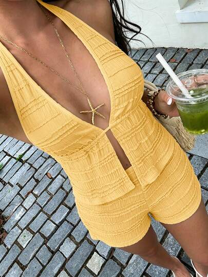 abyoxi Conjunto de top con abertura frontal con volantes y detalles de lazo en la espalda sin respaldo y shorts - Estilo sexy y dulce