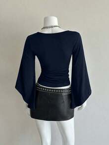 Camiseta ajustada con cuello en V profundo y mangas acampanadas sexy - azul real - Ver 3