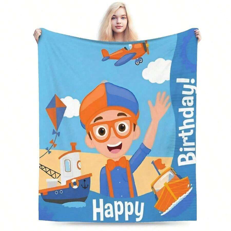 Super Warm Blanket Picnic Cartoon B-Blippiing Throw Blanket Birthday Flannel Bedspread For Bedroom Fluffy Sofa Bed Cover - 如圖所示 - 查看 1