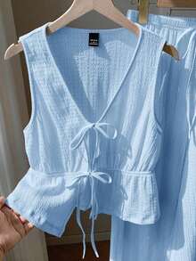 Conjunto informal de chaleco y pantalones con cordones en marrón para mujer - Azul - Ver 3