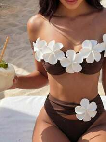 Bonvoyette Conjunto de 2 piezas de bikini de verano elegante y inalámbrico para mujeres, con diseño floral 3D, para fiestas navideñas, al aire libre, en la playa, en la piscina o en Año Nuevo - Multicolor - Ver 4