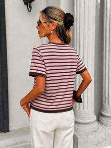 Frenchy Camiseta de mujer de manga corta, cuello redondo, ajustada y minimalista, adecuada para primavera/verano, con estampado de rayas rosa y marrón - Multicolor 6 - Ver 2