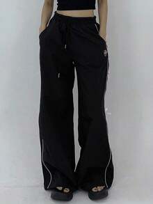 Pantalones casuales de pierna ancha con cordón en contraste y ribeteamionto - Negro 3 - Ver 4
