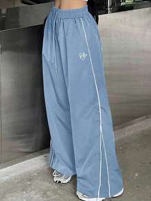 Pantalones casuales de pierna ancha con cordón en contraste y ribeteamionto - Azul - Ver 11