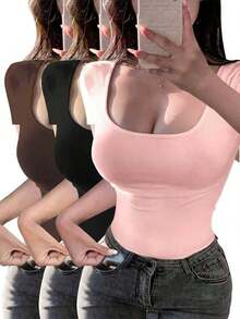 Set de 3 camisetas de mujer de manga corta con cuello en U, tops ajustados y cortos de color liso casual y de moda para el verano - Multicolor 3 - Ver 11