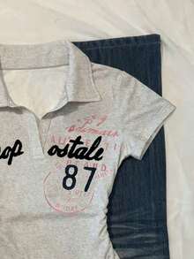 Camiseta casual de mujer con estampado de letras, verano - Gris - Ver 4