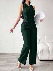 Conjunto de traje azul de doble botonadura para mujer - Verde Oscuro - Ver 3
