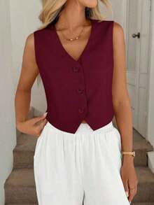 Chaleco negro, chaqueta fina, blusa de oficina para mujer - Burdeos - Ver 7