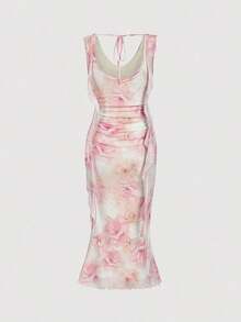 Vestido midi para mujer con escote profundo, cinturón y panel de malla, color rojo - Rosa - Ver 3
