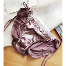 Women's Sexyys Satin Panties Lace Silk Underwear Luxury Low Waist Side Tie Panty Breathable String Bikini Briefs - màu nâu - Xem 3