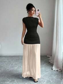 Nuevo vestido de moda de cuello alto sólido rojo sin mangas, con diseño sexy de malla calada y plisado en línea A, adecuado para fiesta de graduación, eventos festivos, citas - Multicolor - Ver 3