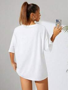 Women's Casual Spring Summer Short Sleeve T-Shirt With Cat Fishing Print, Loose Round Neck - 白色的 - 查看 4