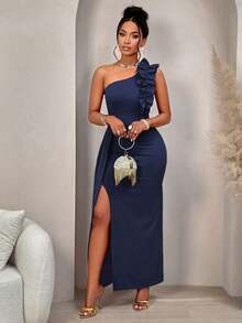 AIJ Vestido elegante de corte asimétrico con hombro descubierto, diseño fruncido y volantes, sin mangas, para mujer, unicolor, para fiestas, citas, fiestas de solteros, cenas formales o eventos de gala en otoño e invierno 2024 - Azul marino - Ver 3