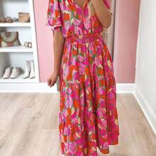 Bohemian Style Rose Print Short Sleeve Low Waist Dress Pink Vacation Summer Elegant - Rosa - Ver 2