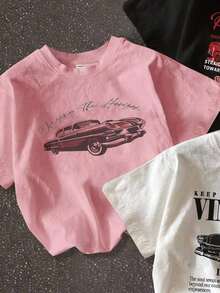 Set de 3 camisetas holgadas de mujer con gráfico retro de coche de estilo casual, aptas para el verano - Multicolor - Ver 5