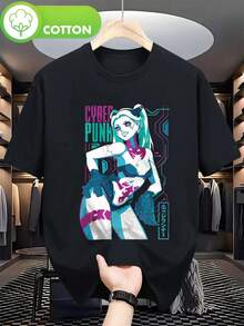 Camiseta de moda para hombre "Cyberpunk Edge U.N.N." 77 Anime Lucy Pattern T-Shirt - Camiseta negra neón con arte de manga japonés, que presenta a Lucy y los personajes principales, cuello redondo, adecuada para todas las estaciones, uso casual y de cosplay, para hombres, fans de anime y atuendos de rol. - Negro - Ver 1