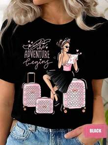 Women's Short-Sleeved T-Shirt With "The Travel Adventure Begins With A Girl And Suitcases" Print, Round Neck, Holiday Gift, 220g, Unisex Oversized T-Shirts, Unisex Graphic T-Shirt, 100% Cotton. - 黑色 - 查看 6