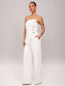 Set de 2 piezas: Top con diseño de aro asimétrico con decoración metálica + Pantalones de pierna recta, Uso elegante diario, Atuendo de oficina, Boda, Vacaciones, Cita, Fiesta, Ceremonia de graduación - Blanco - Ver 5