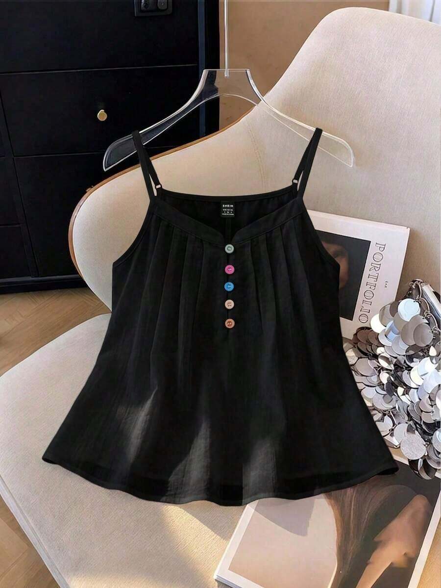 Blusa sin mangas de mujer con cuello plisado, decoración de botones de colores y diseño minimalista elegante de unicolor - Negro - Ver 1