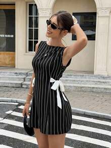 Vestido coreano de mujer con estampado de lunares, lazo y tirantes versátil y de moda - Negro - Ver 6