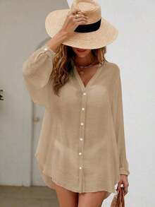 Holidaya Kimono unicolor con botón delantero - Caqui - Ver 6