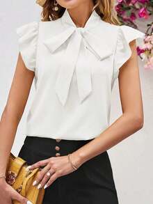Blusa con lazo elegante para mujer, versátil para el trabajo y el uso casual, verano - Blanco - Ver 7