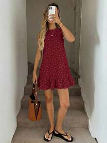 Vestido mini estampado para mujer, adecuado para primavera y verano - Rojo - Ver 3