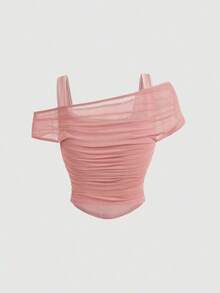 Top sin mangas para mujer con superposición de malla de unicolor, verde - Rosa vieja - Ver 2