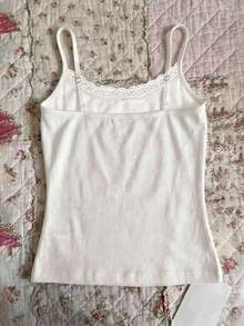 Camiseta de tirantes de mujer con bordado de perro salchicha, corazón y rayas con encaje de contraste - Blanco - Ver 2