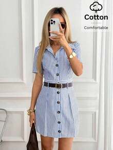 Vestido camisero de mujer de manga corta con rayas - Azul y blanco - Ver 4