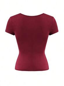 Camiseta de manga corta con cuello cuadrado de punto de unicolor, ajustada y sexy, estilo Y2K, para mujer Vaiaye, adecuada para actividades de primavera/verano y el Día de San Valentín - Burdeos - Ver 4