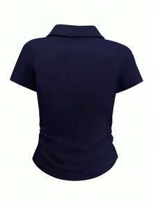 Camiseta de manga corta minimalista de unicolor para mujer, uso casual de todos los días - Azul marino - Ver 2