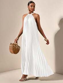 Vestido holgado de verano y primavera casual de vacaciones de cuello halter sin mangas con pliegues y bajo en A, color verde oscuro - vestido para mujer - Blanco - Ver 6